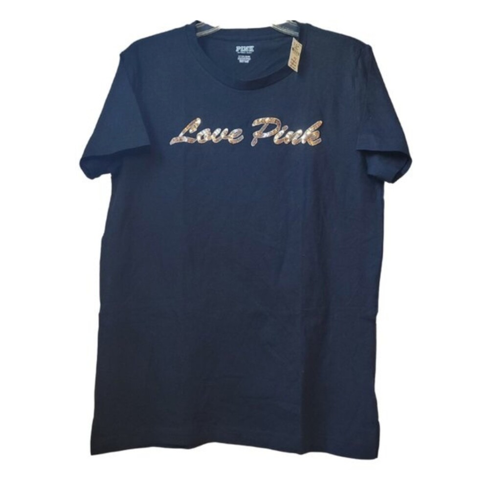 Black Sequined Script T-shirt PINK Victoria's Secret Small